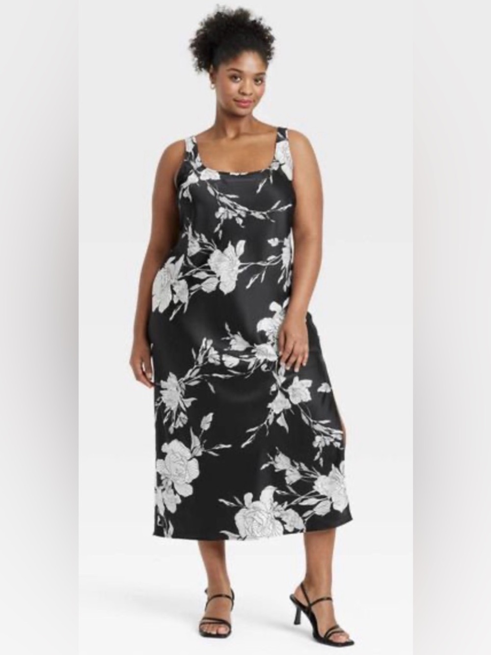 A New Day Black & White Floral Satin Slip Dress